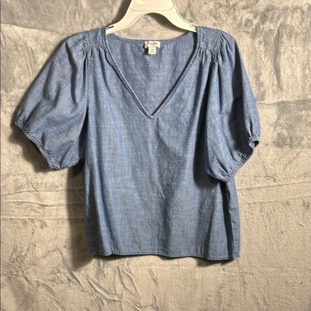 J. Crew top women’s petite medium Chambray Puff‎ Sleeve Blouse Relaxed Fit
